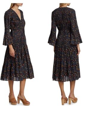Veronica Beard Navy Floral V-Neck Tiered Midi Dress